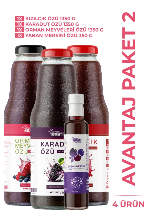 3’lü Meyve Özü Avantaj Paketi 1350 g – Karadut, Kızılcık, Orman Meyveleri + 350 g Yaban Mersini Hediye